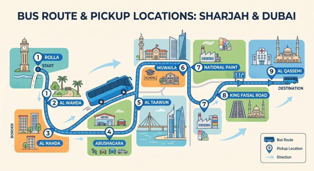 Sharjah to Jebel Ali bus route map detailing passenger pickup locations at Rolla, Al Wahda, Al Nahda, Abushagara, Al Taawun, Muwaila, National Paint, King Faisal Road, and Al Qassemi.